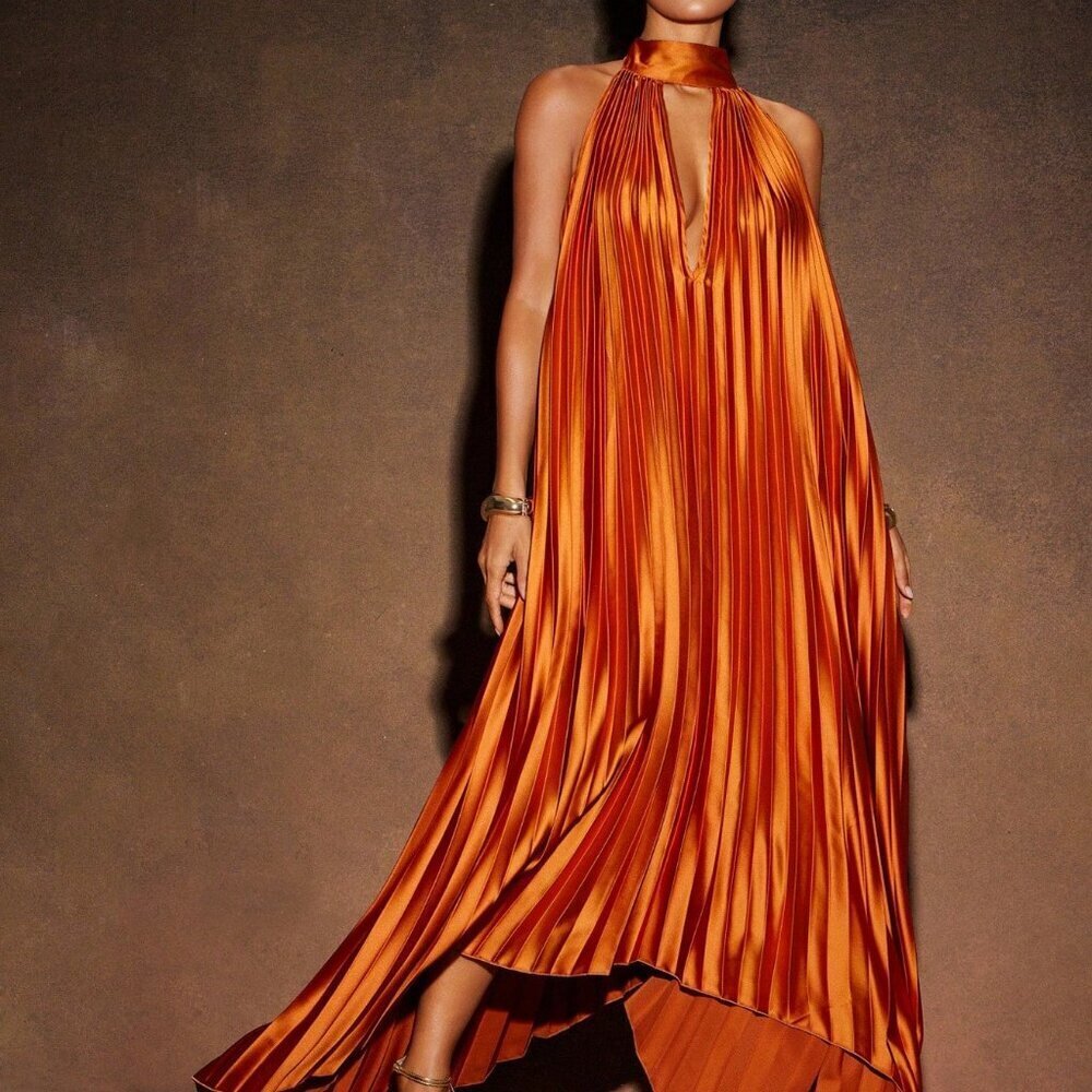 orange elegant Womens Pleated High Low Backless Halter Maxi Dress